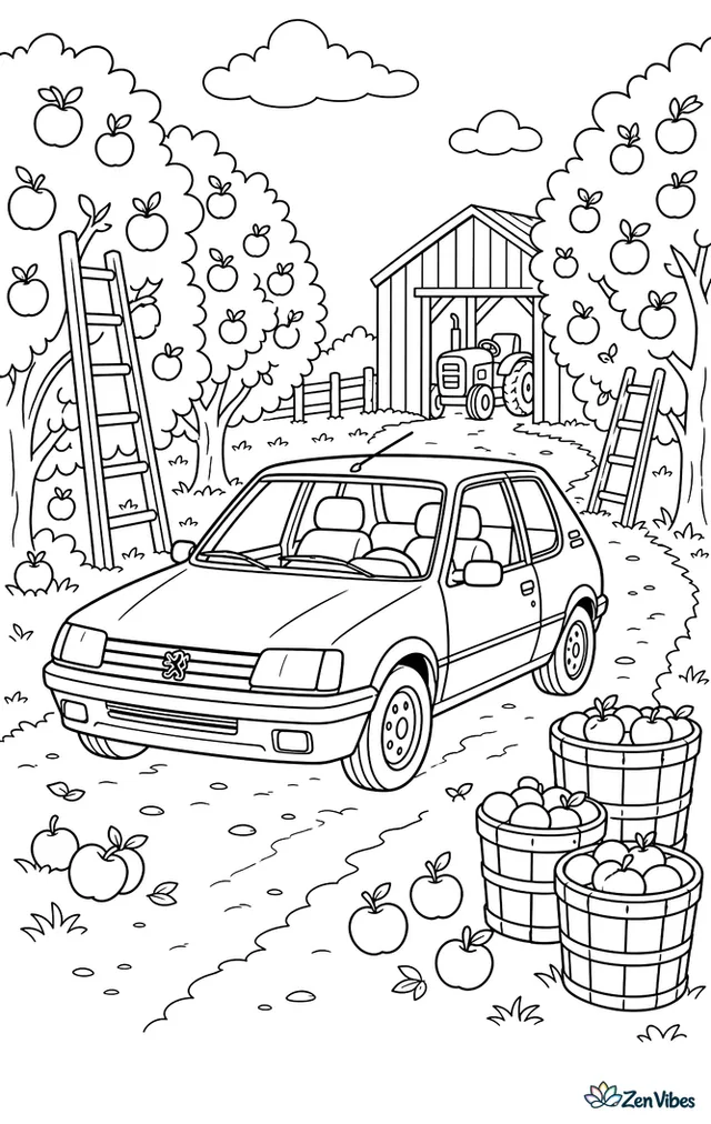 A Peugeot 205 drives between orchard rows, with apple trees, wooden ladders, fallen fruit, a tractor shed, and baskets stacked beside the dirt lane.