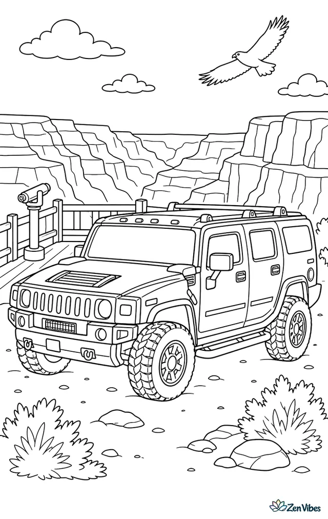 A Hummer H2 pauses at a canyon overlook, with layered rock walls, a wooden viewing deck, scrub bushes, and a hawk circling above the cliffs.
