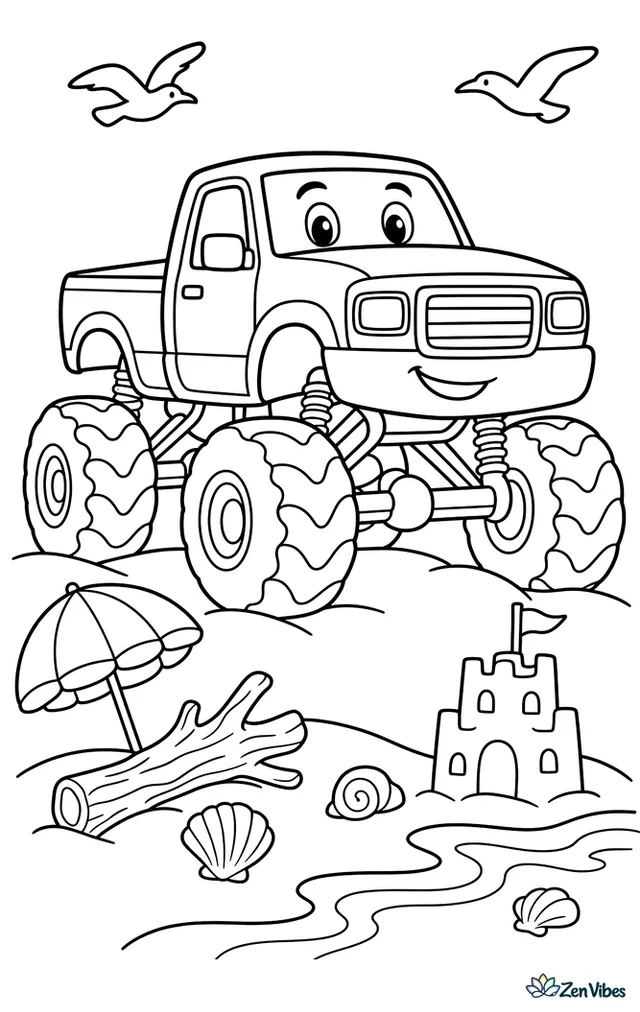 A Ford F-250 monster truck rolls along sandy beach dunes beside gentle waves, driving past driftwood, a striped umbrella, seashells, and a small sandcastle with seagulls gliding overhead.