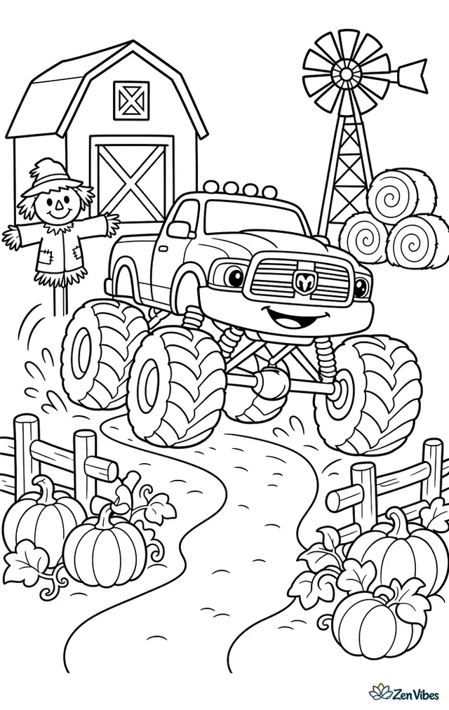 A Dodge Ram monster truck bounces across a farm field trail, passing a red barn, a windmill, hay bales, a scarecrow, and rows of pumpkins near a split-rail fence.