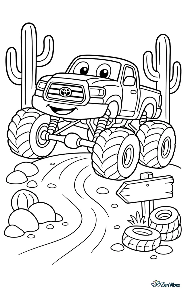 A Toyota Tundra monster truck races over a sandy desert track, weaving between tall saguaro cacti, smooth rocks, tire mounds, and a simple wooden sign beneath distant mesas.