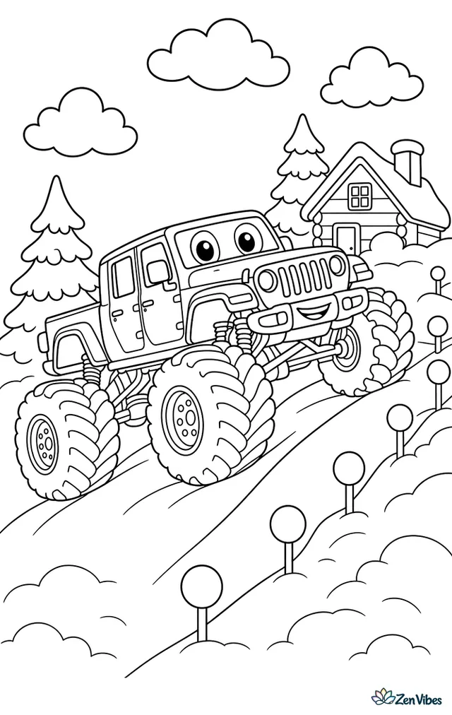 A Jeep Gladiator monster truck climbs a snowy hill course, passing pine trees, a cozy cabin, snowbanks, and a line of round track markers while fluffy clouds drift above.