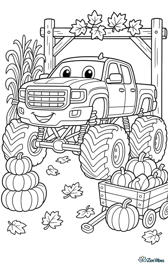 A GMC Sierra monster truck cruises through a pumpkin patch exhibition lane, rolling by stacked pumpkins, cornstalk bundles, a wagon, a rustic gate, and cheerful autumn leaves.