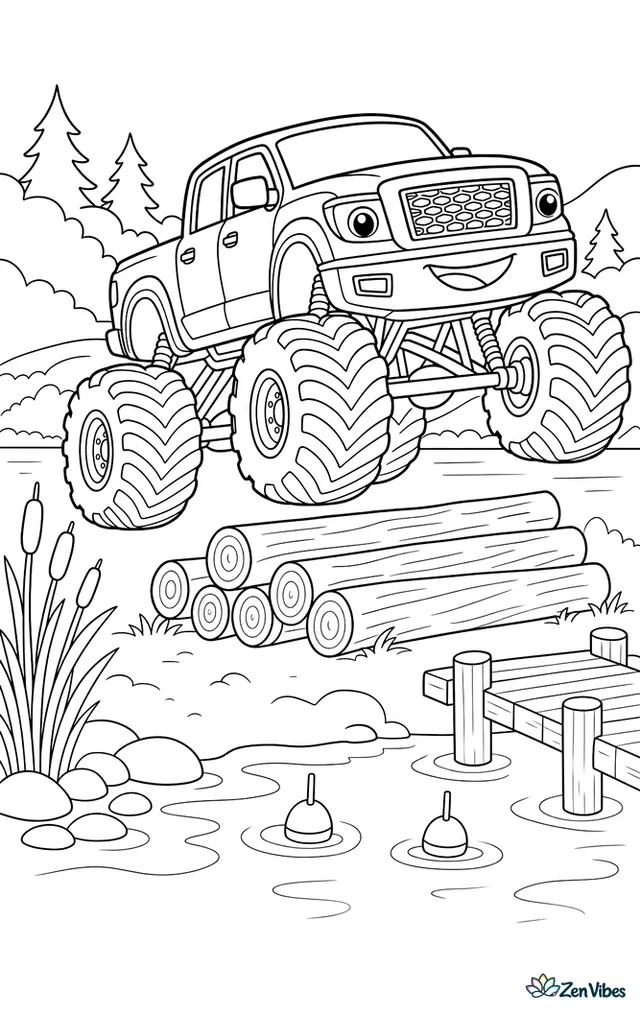 A Nissan Titan monster truck leaps over a line of logs near a calm lake, with reeds, a dock, fishing bobbers, smooth stones, and tree-covered hills in the background.
