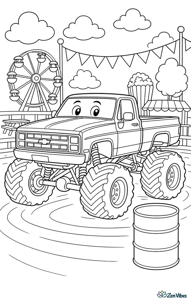 A Chevrolet C10 monster truck drives through a county fair arena, circling barrels and passing a ferris wheel, bunting banners, popcorn stands, picnic tables, and fluffy cotton-candy clouds.