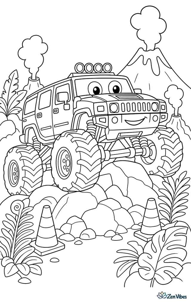 A Hummer H2 monster truck crawls over dark volcanic rocks on a safe adventure course, surrounded by steaming vents, tropical ferns, warning cones, and a mountain silhouette.