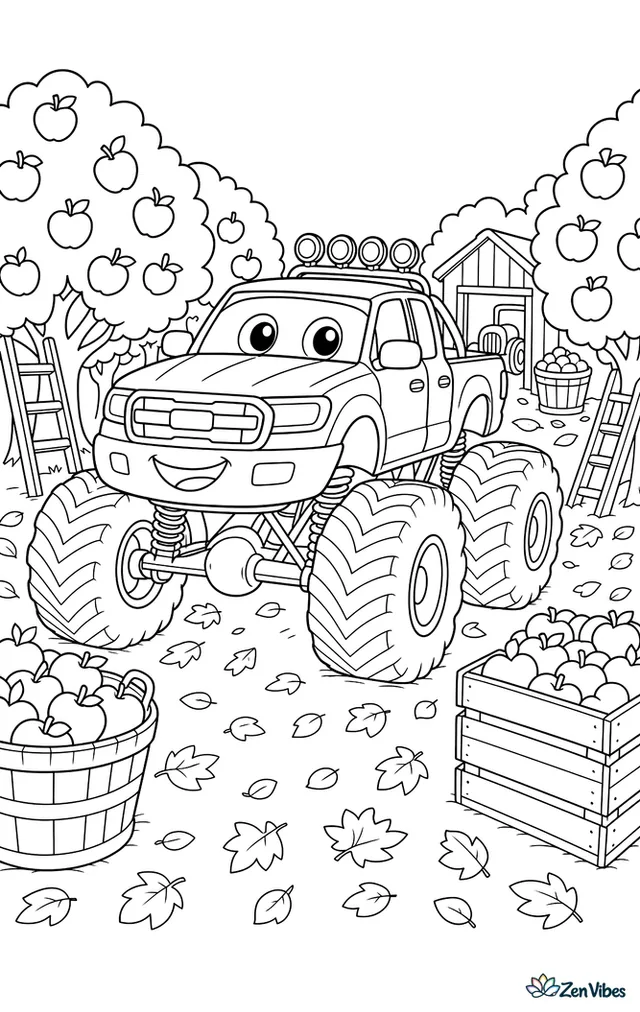 A Ford Ranger monster truck rolls between apple orchard rows, passing ladders, baskets of apples, wooden crates, a small tractor shed, and fallen leaves scattered on the path.