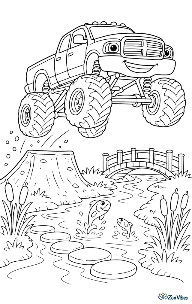 A Ram 2500 monster truck launches from a dirt ramp beside a winding river, with cattails, stepping stones, a wooden bridge, fish jumping, and grassy banks all around.