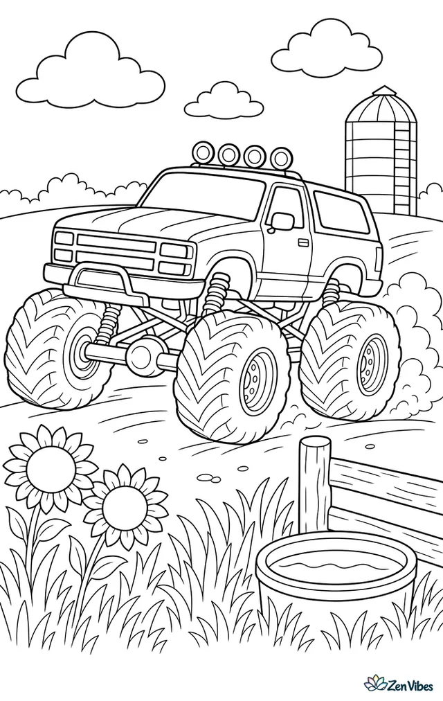 A Chevrolet Blazer monster truck speeds along a prairie course, moving past tall grasses, sunflowers, fence posts, a water trough, and a distant grain silo under open sky.