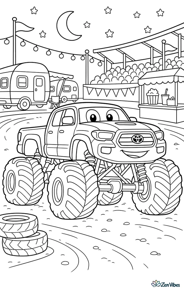 A Toyota Tacoma monster truck circles a nighttime arena lit by string lights, passing parked campers, snack booths, tire stacks, pennants, and a crescent moon above the grandstand.
