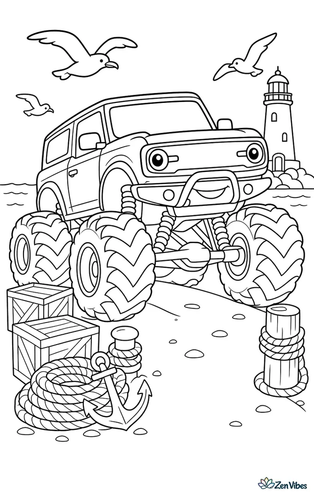 A Ford Bronco monster truck rumbles through a harbor-side challenge lane, passing wooden crates, coiled ropes, anchors, dock posts, seagulls, and a lighthouse beyond calm water.