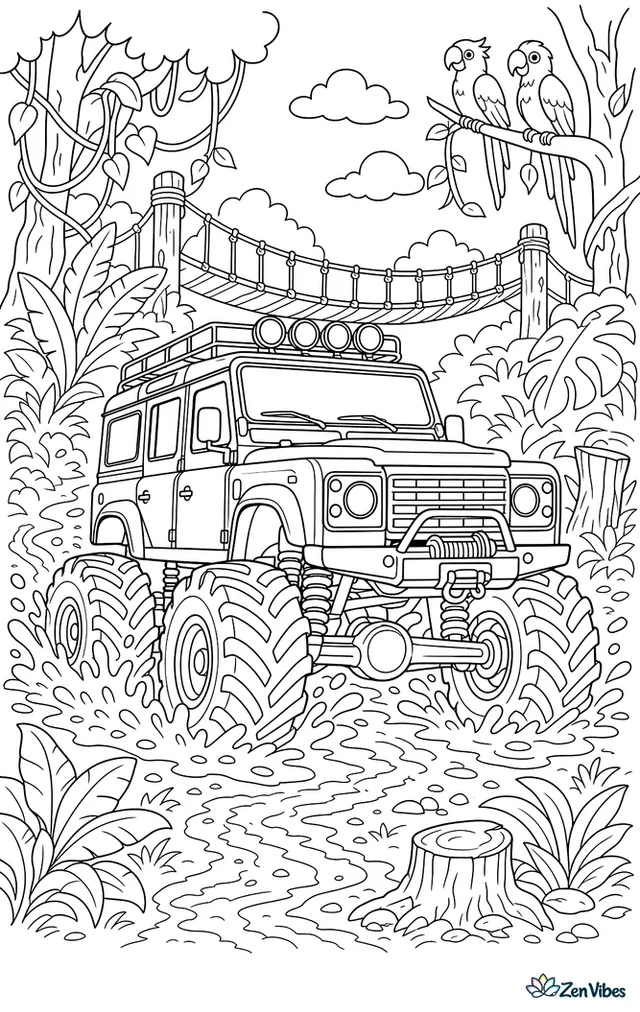 A Land Rover Defender monster truck follows a muddy jungle trail, splashing past broad-leaf plants, hanging vines, tree stumps, a rope bridge, and bright parrots perched above.