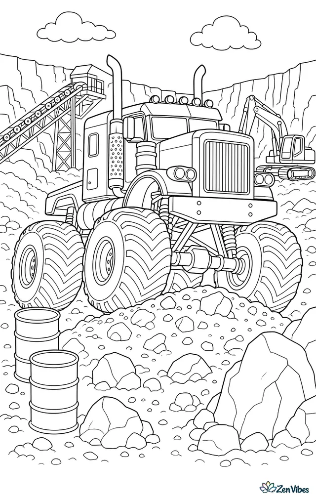 A Peterbilt 379 monster truck powers through a quarry course, climbing gravel mounds beside giant boulders, safety barrels, conveyor belts, a small excavator, and rugged cliff walls.