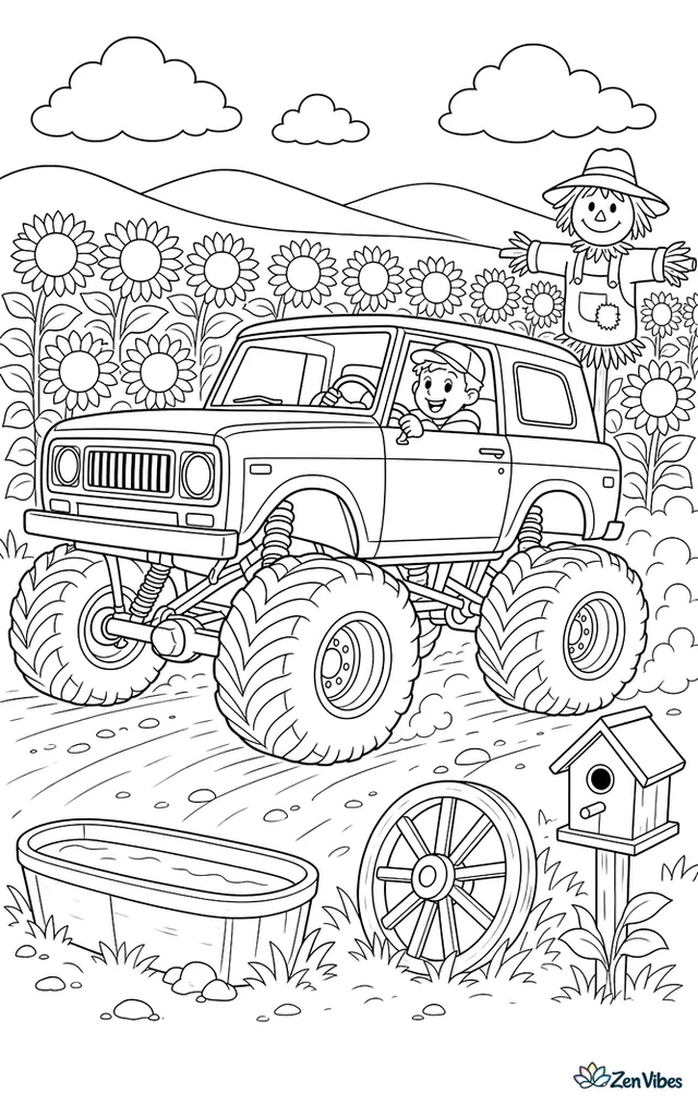 A International Scout monster truck cruises along a dirt track bordering a sunflower field, passing a scarecrow, wagon wheel, birdhouse, watering trough, and distant rolling hills.