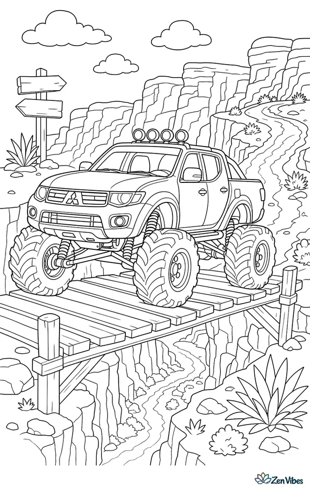 A Mitsubishi L200 monster truck races along a canyon rim route, crossing a wooden plank bridge and passing layered cliffs, desert shrubs, signposts, and a winding trail below.