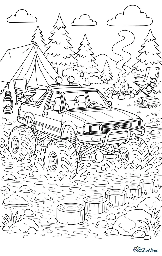A Subaru Brat monster truck splashes through a shallow creek at a campground obstacle course, with tents, camp chairs, lanterns, pine trees, stepping logs, and smoke curling from a fire ring.