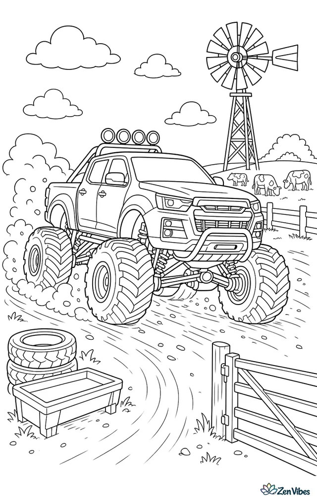 A Isuzu D-Max monster truck speeds through a rural dirt oval, passing a tall windmill, fence gates, feed troughs, stacked tires, grazing cows in the distance, and dusty clouds.