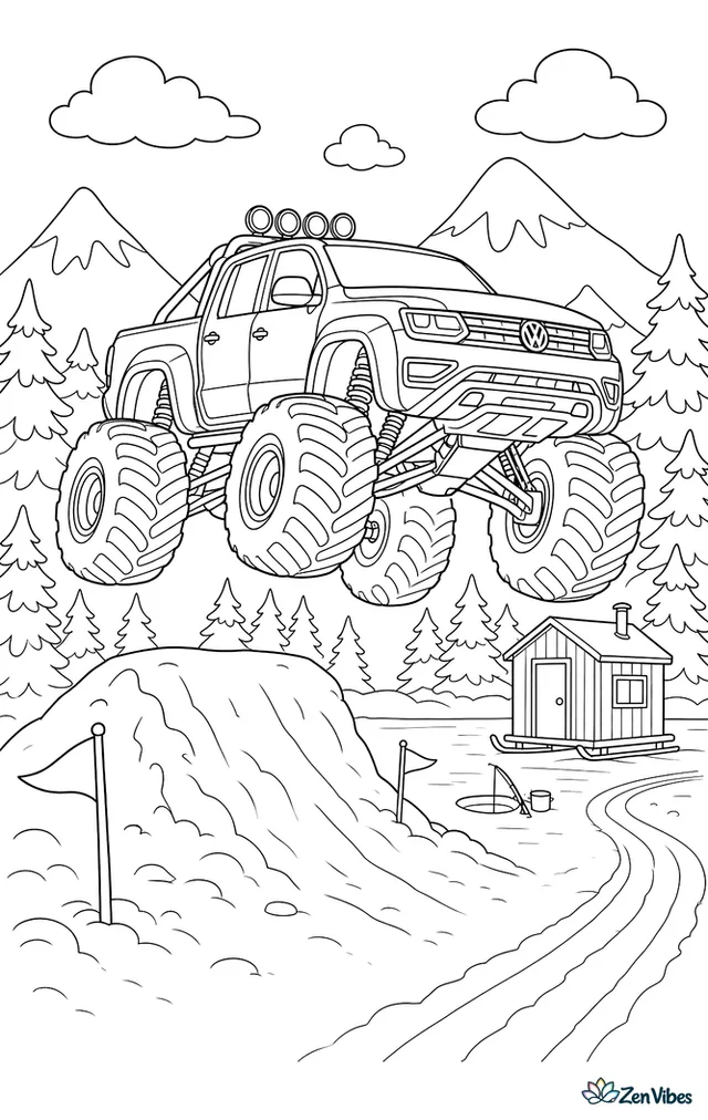 A Volkswagen Amarok monster truck jumps over a snowy berm beside a frozen lake, surrounded by evergreen trees, an ice-fishing hut, sled tracks, marker flags, and mountain peaks.
