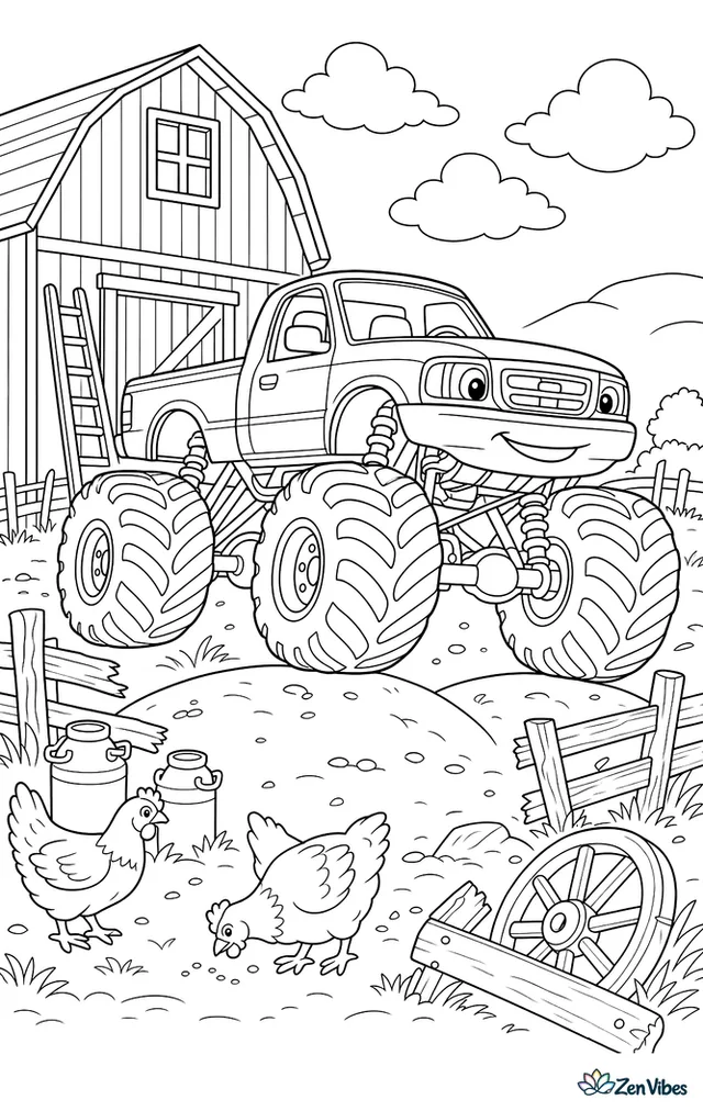 A Mazda B-Series monster truck bounces over rounded mounds near an old barn, passing ladders, milk cans, chickens, split fences, wagon parts, and clouds drifting across open farmland.