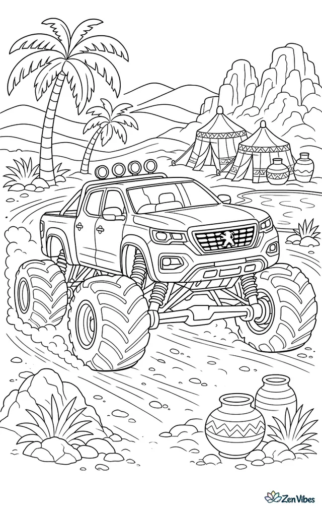 A Peugeot Landtrek monster truck races around an oasis desert course, curving past palm trees, a water pool, woven tents, clay jars, rippled dunes, and rocky outcrops.