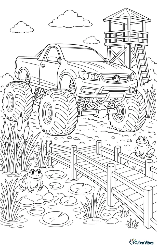 A Holden Ute monster truck rumbles beside a marsh boardwalk, passing cattails, lily pads, frogs on rocks, wooden railings, reeds, and a watchtower overlooking the wetlands.