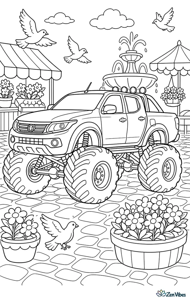 A Fiat Fullback monster truck carefully rolls through a cobblestone plaza show course, circling flower planters, market stalls, striped awnings, a fountain, and pigeons fluttering nearby.