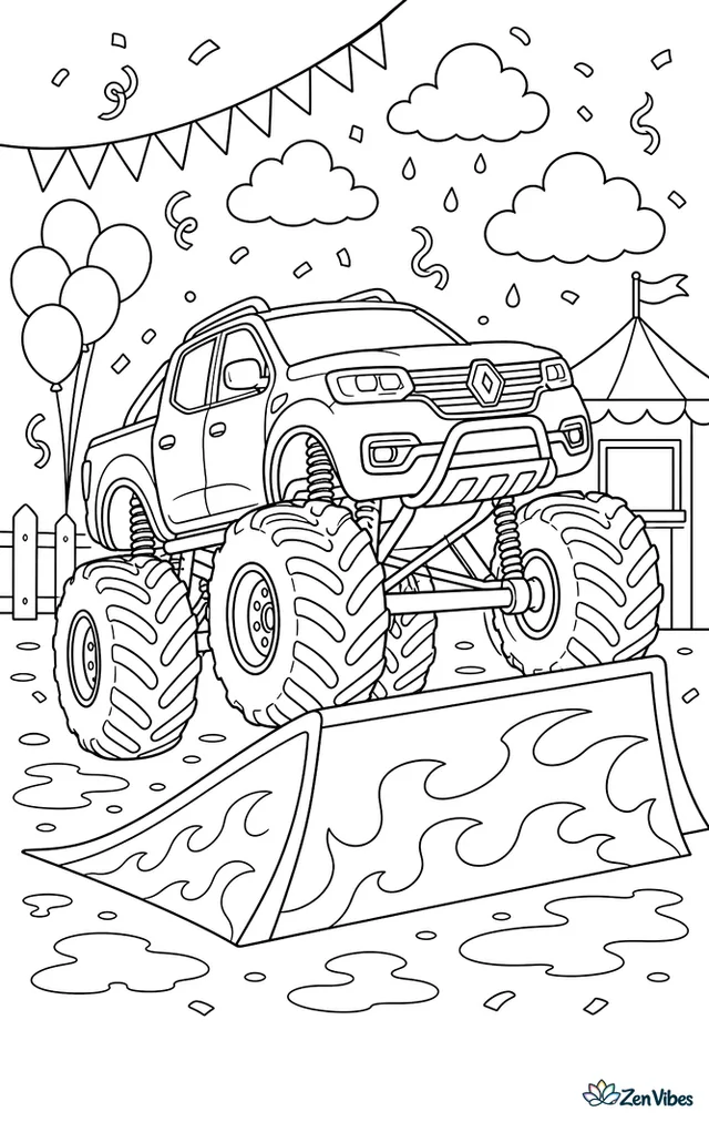 A Renault Alaskan monster truck speeds through a colorful showground, climbing a painted ramp near streamers, balloon clusters, confetti swirls, ticket booths, and puffy clouds after rain.