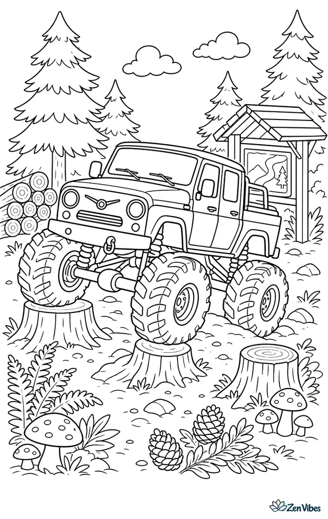 A UAZ Pickup monster truck crawls through a forest trail challenge, rolling over cut stumps and passing mushrooms, ferns, pinecones, log piles, and a wooden ranger kiosk.