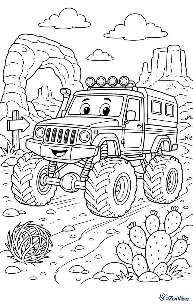 A Mahindra Bolero Camper monster truck charges along a red mesa trail, weaving past sandstone arches, tumbleweeds, trail markers, prickly pear cactus, and buttes under a wide sky.
