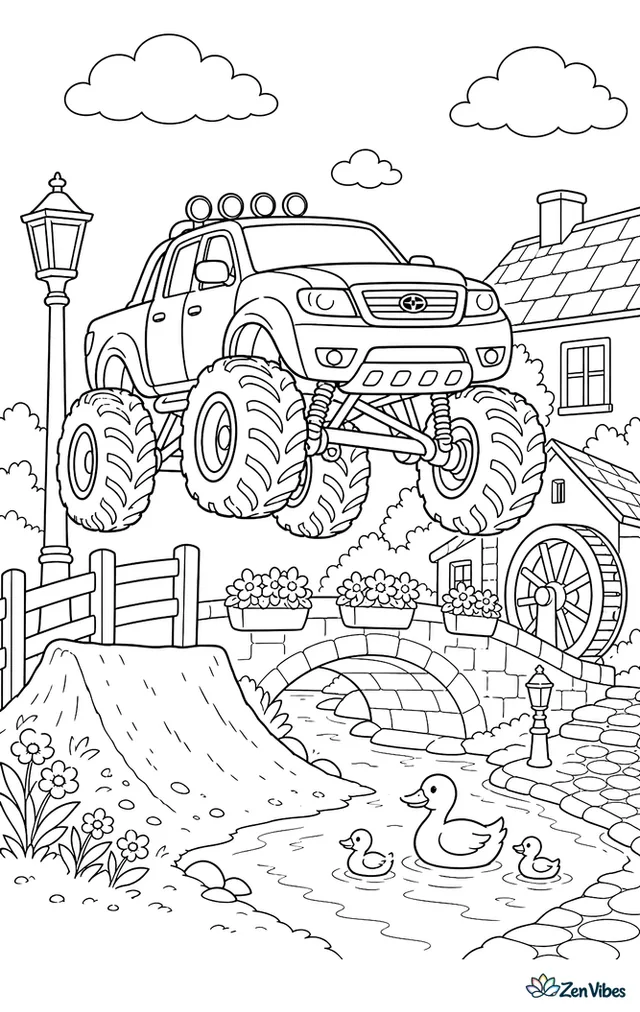 A Tata Xenon monster truck jumps a small dirt ramp beside a village stone bridge, with flower boxes, a waterwheel, cobbled lanes, lamp posts, and ducks in the stream.