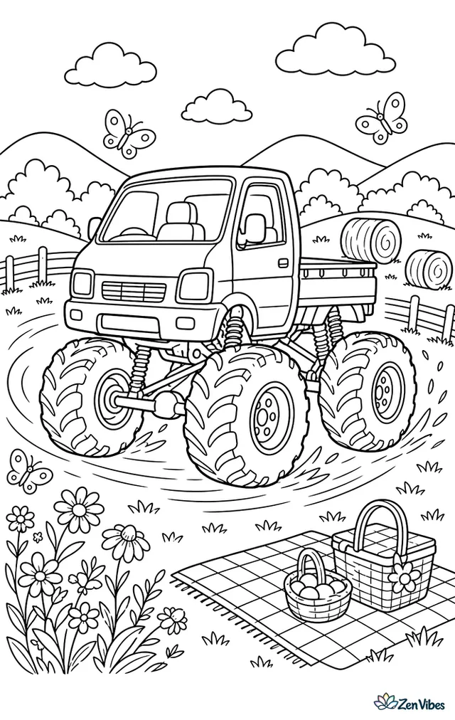 A Suzuki Carry monster truck spins around a grassy meadow course, passing wildflowers, a picnic blanket, baskets, round hay rolls, fluttering butterflies, and gentle hills beyond.
