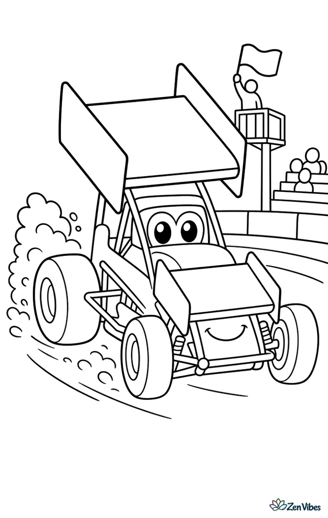 A winged sprint car speeds through a dirt oval turn, kicking up light dust, with a low safety wall, a flag stand, and a few bleachers in the background.