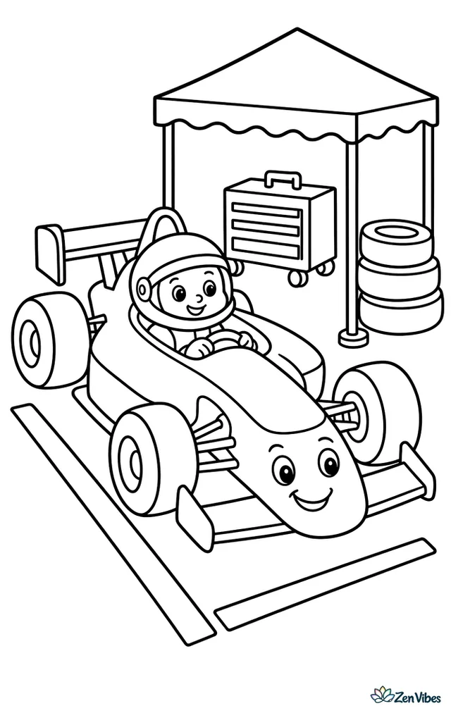 A junior formula race car rolls slowly past pit boxes, with a toolbox, spare tires, painted lane lines, and a team canopy beside the track.