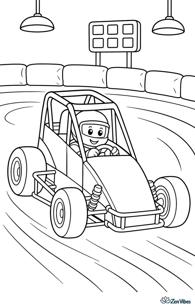 A midget race car arcs around an indoor oval corner, with safety cushions, overhead lights, a simple scoreboard, and track marks circling the polished surface.