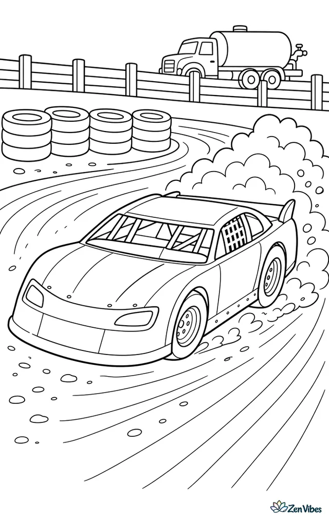 A late model stock car slides through a clay track bend, with dust clouds, tire barriers, a wooden fence, and a water truck parked beyond the backstretch.