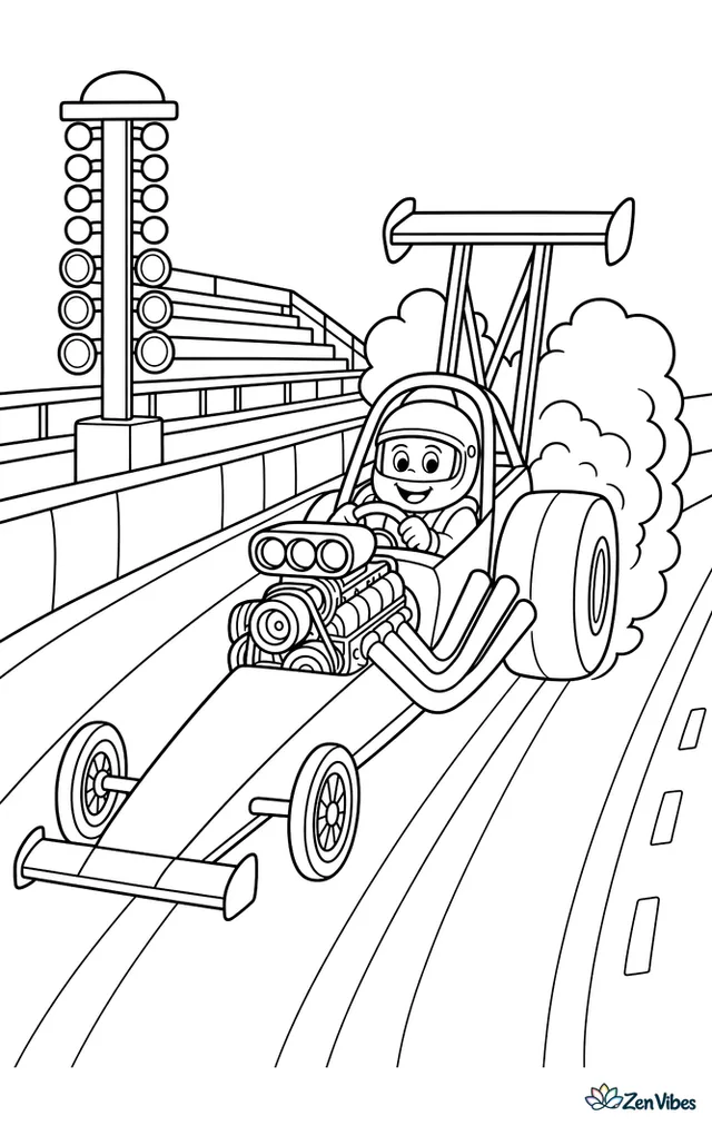 A front engine dragster launches down a straight strip, with timing lights, lane markers, low bleachers, and a service road running beside the barriers.