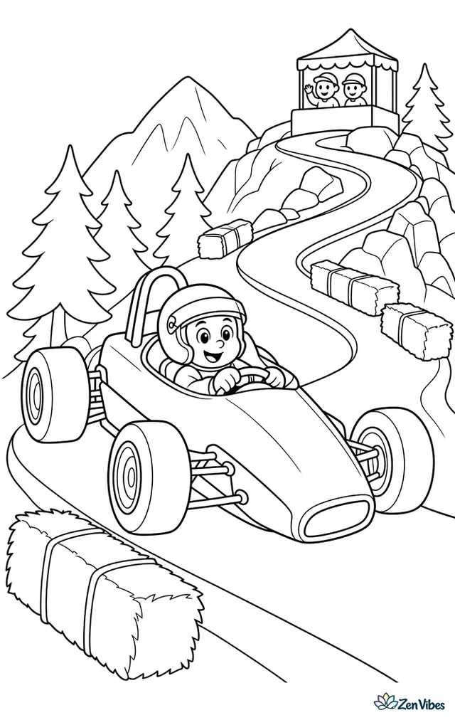 An open-wheel hillclimb roadster climbs a winding mountain course, with hay bales, pine trees, rocky slopes, and a checkpoint tent overlooking the road.
