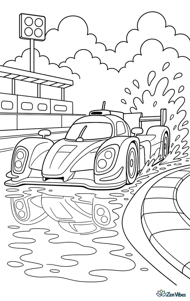 A prototype endurance car races on a wet circuit, spraying water past curbs, with a pit wall, cloudy sky, and puddles reflecting the track lights.