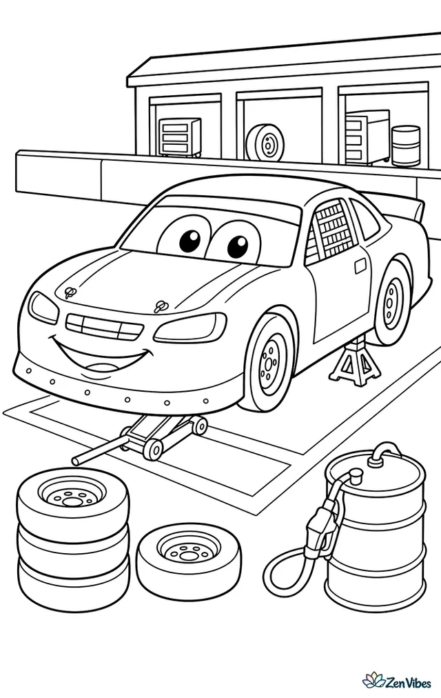 A stock car pauses in pit lane for service, surrounded by spare tires, jacks, fuel drums, painted stall lines, and a garage building behind the wall.