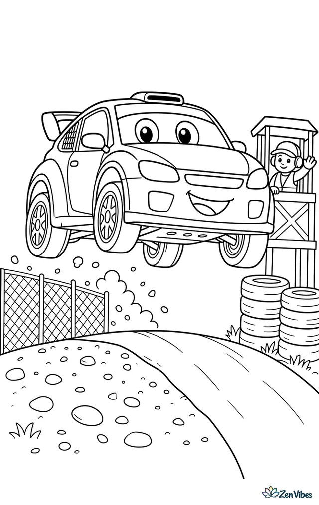 A rallycross race car leaps over a small crest, with mixed dirt and pavement, safety fencing, stacked tires, and a marshal post beside the course.
