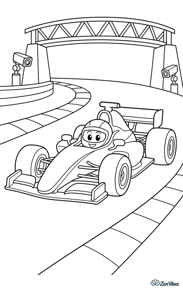 A modern formula race car turns through a tight hairpin, with striped curbs, runoff pavement, trackside cameras, and a pedestrian bridge spanning the circuit.