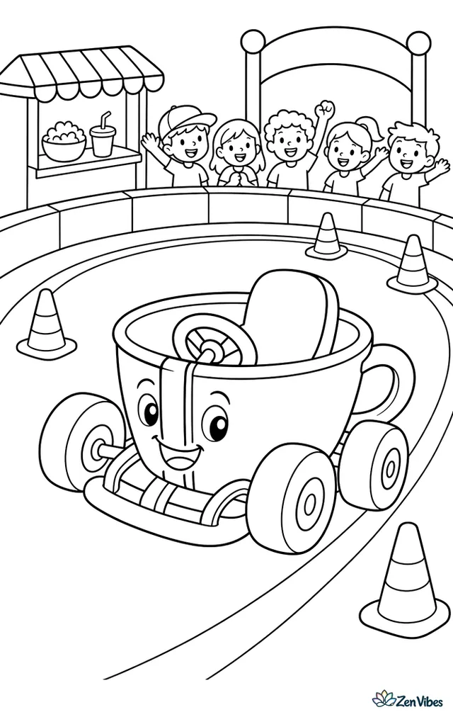 A mini cup race car circles a short oval track, passing cone markers, a low wall, a snack stand, and a small crowd near the entrance gate.