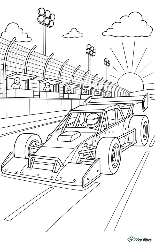 A supermodified race car races along an asphalt straight at sunset, with long shadows, catch fencing, pit boxes, and light poles lining the speedway.
