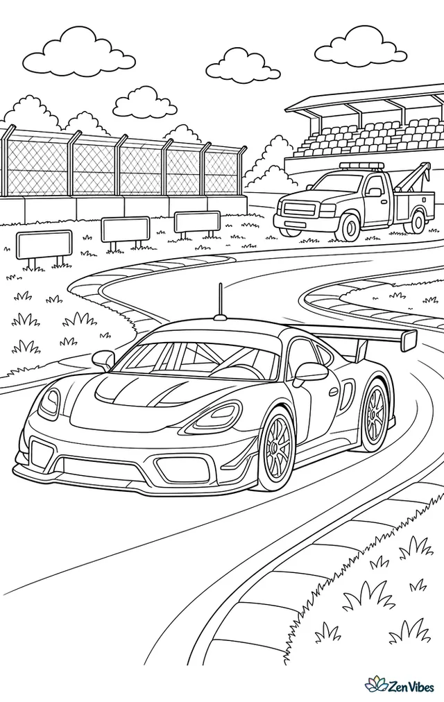 A GT race car threads through a chicane bordered by curbs and grass, with braking markers, fencing, distant grandstands, and a rescue truck parked off track.