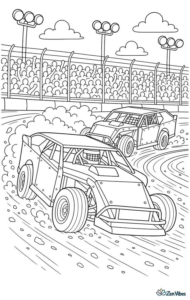 A dirt modified race car battles through a turn beside another lane groove, with dust, billboards, safety lights, and packed bleachers around the oval.