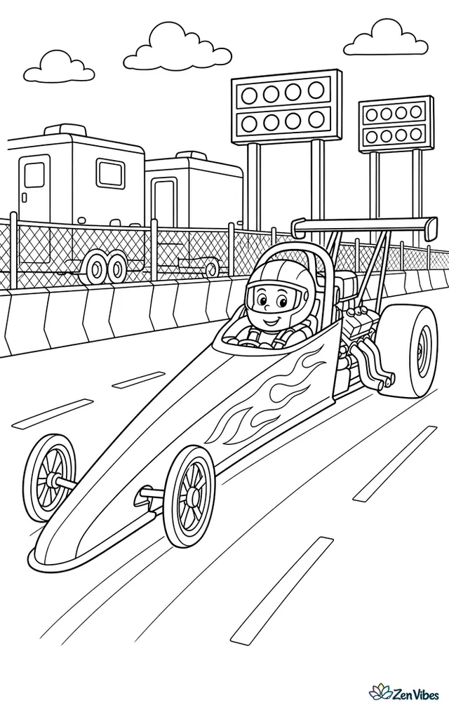 A junior dragster cruises back along the return road, with timing boards, chain-link fencing, a trailer row, and striped barriers beside the drag strip.