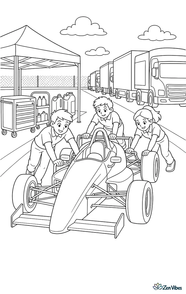 A Formula Ford race car is pushed from the paddock toward pit lane, passing tool carts, fuel cans, tents, and a line of transport trucks.