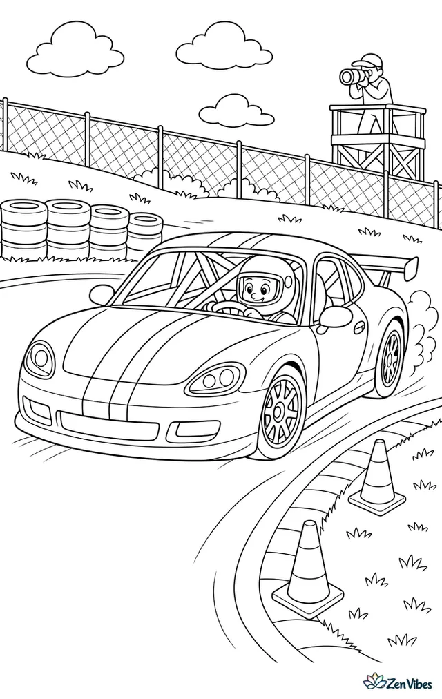 A club racing coupe accelerates out of a sweeping corner, with orange apex cones, tire stacks, grassy banks, and a photographer stand outside the fence.