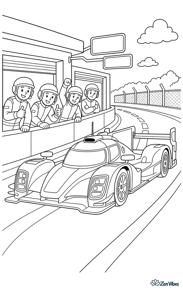 An endurance prototype merges from pit exit onto the circuit, with painted blend lines, garage doors, overhead signs, and crew members watching from the wall.