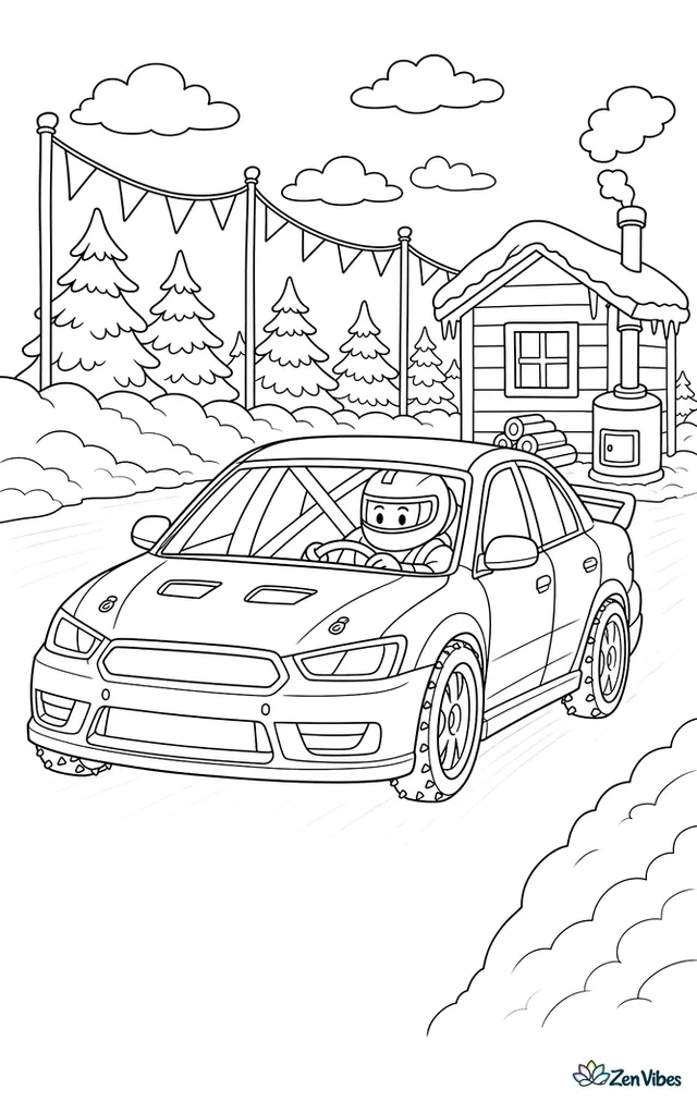 An ice racing sedan glides down a frozen straightaway, with snowbanks, evergreen trees, pennant flags, and a warming hut near the edge of the course.